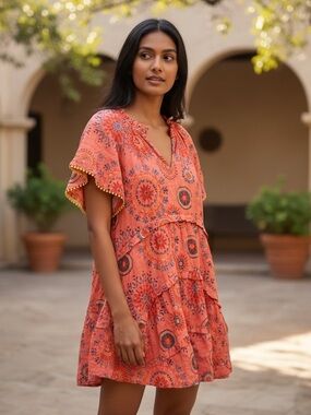 THML Floral Ruffle Mini Dress Small Bright Spring Summer Tiered Boho pom trim